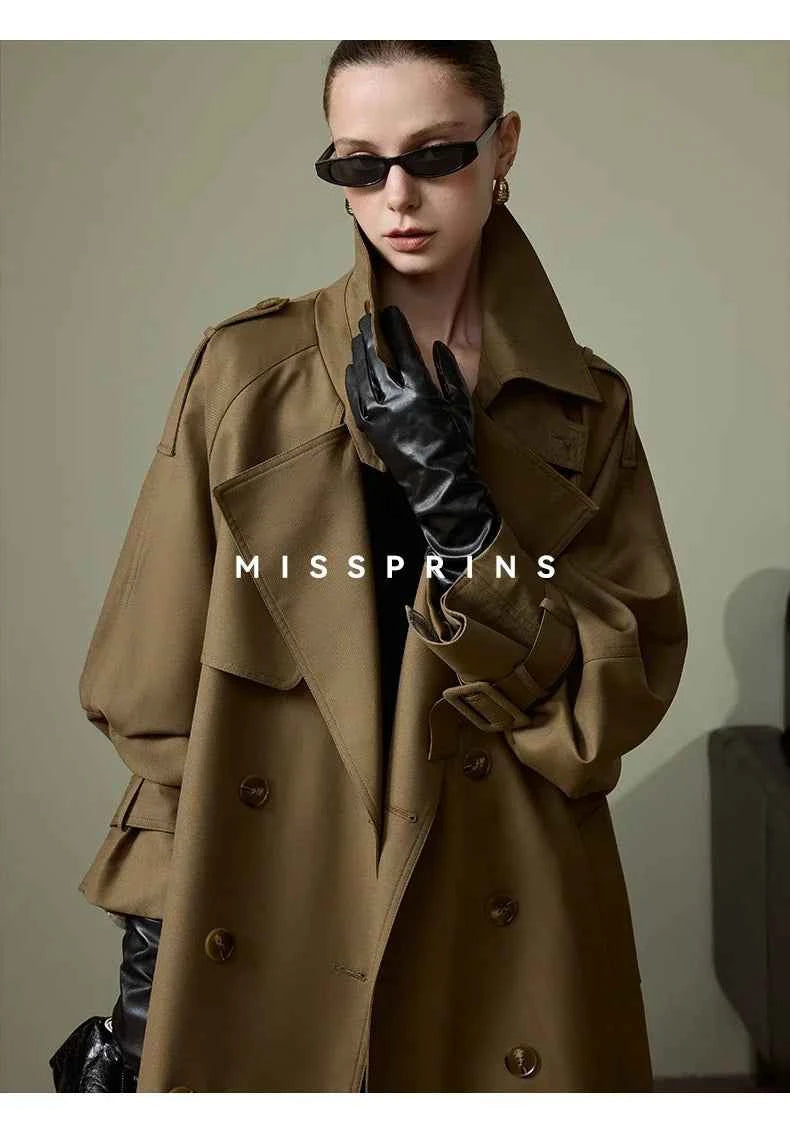 Lautaro Spring Autumn Long Khaki Trench Coat for Women Belt Double Breasted Chic Luxury Designer European Fashion Clothes 2025