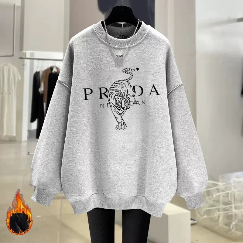 Luxury Brand Tiger Print Spring Autumn and Winter Fashion Loose Round Neck Pullover Sweater Women's Velvet Thicker Streetsharks