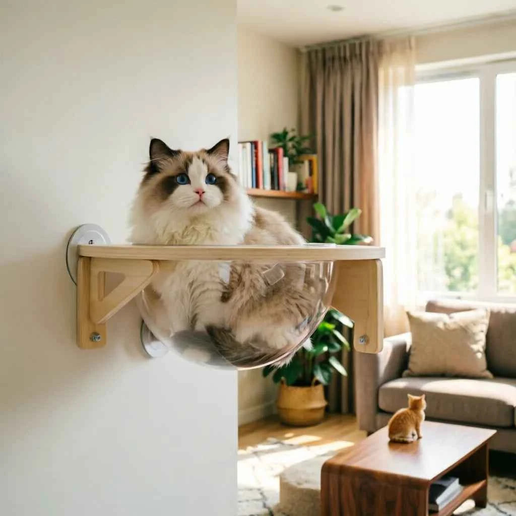 Clear Cat House Wall-Mounted Wooden Cat Space Capsule Clear Capsule Kitten Walls Shelves 15.75inch Load-bearing Up to 16.53lbs