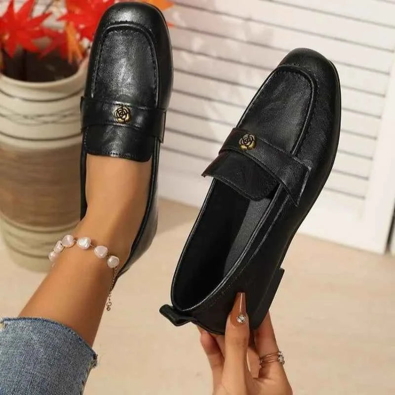 Women's Leather Flat Loafers with Gold-Tone Flower Accessory Round Apron Toe Low Block Heel Comfortable & Office Dress Shoes luxecrown.co.uk