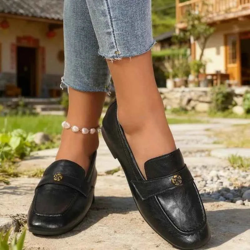 Women's Leather Flat Loafers with Gold-Tone Flower Accessory Round Apron Toe Low Block Heel Comfortable & Office Dress Shoes luxecrown.co.uk