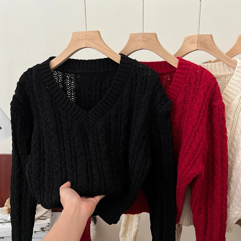2026 New Autumn Winter Loose Casual Knitwear V-neck Long Sleeve Knitted Sweaters Twist Hollow Out Crochet Short Pullover Tops