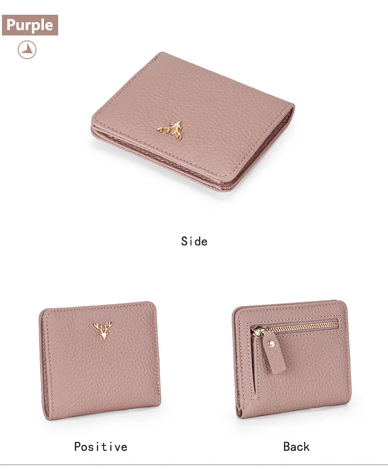 Cowhide Women's Purses Short Thin Small Wallet Chic Christmas Deer Button Ladies Genuine Leather Card Holder Wallet Coin Purse luxecrown.co.uk
