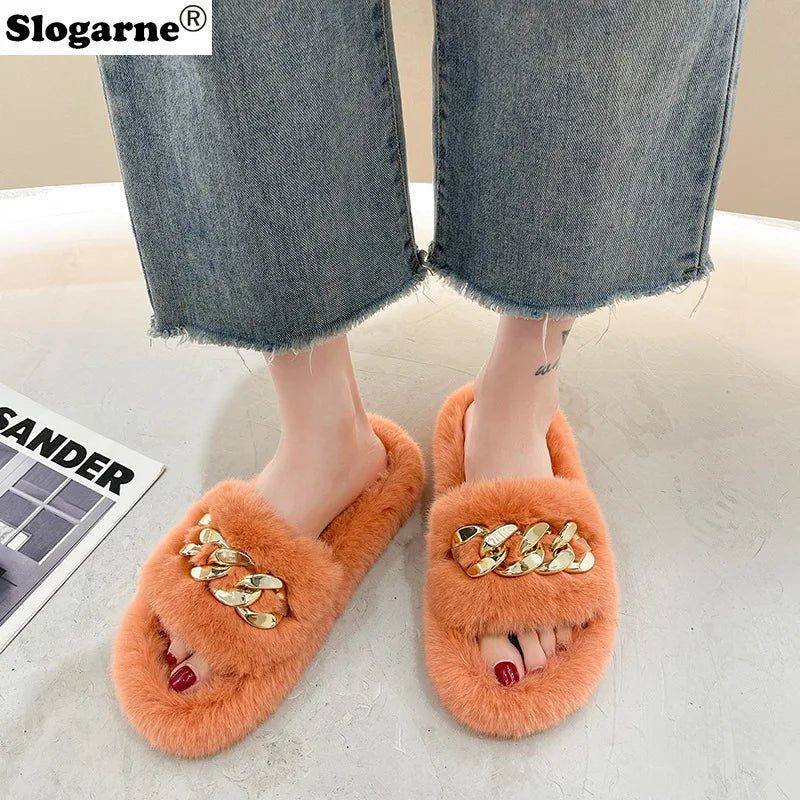 Fashion Faux Fox Fur Slippers Women Spring Autumn Fluffy Slides Ladies Peep Toe Fur Shoes Flat Large Size Furry Soft House Shoes luxecrown.co.uk