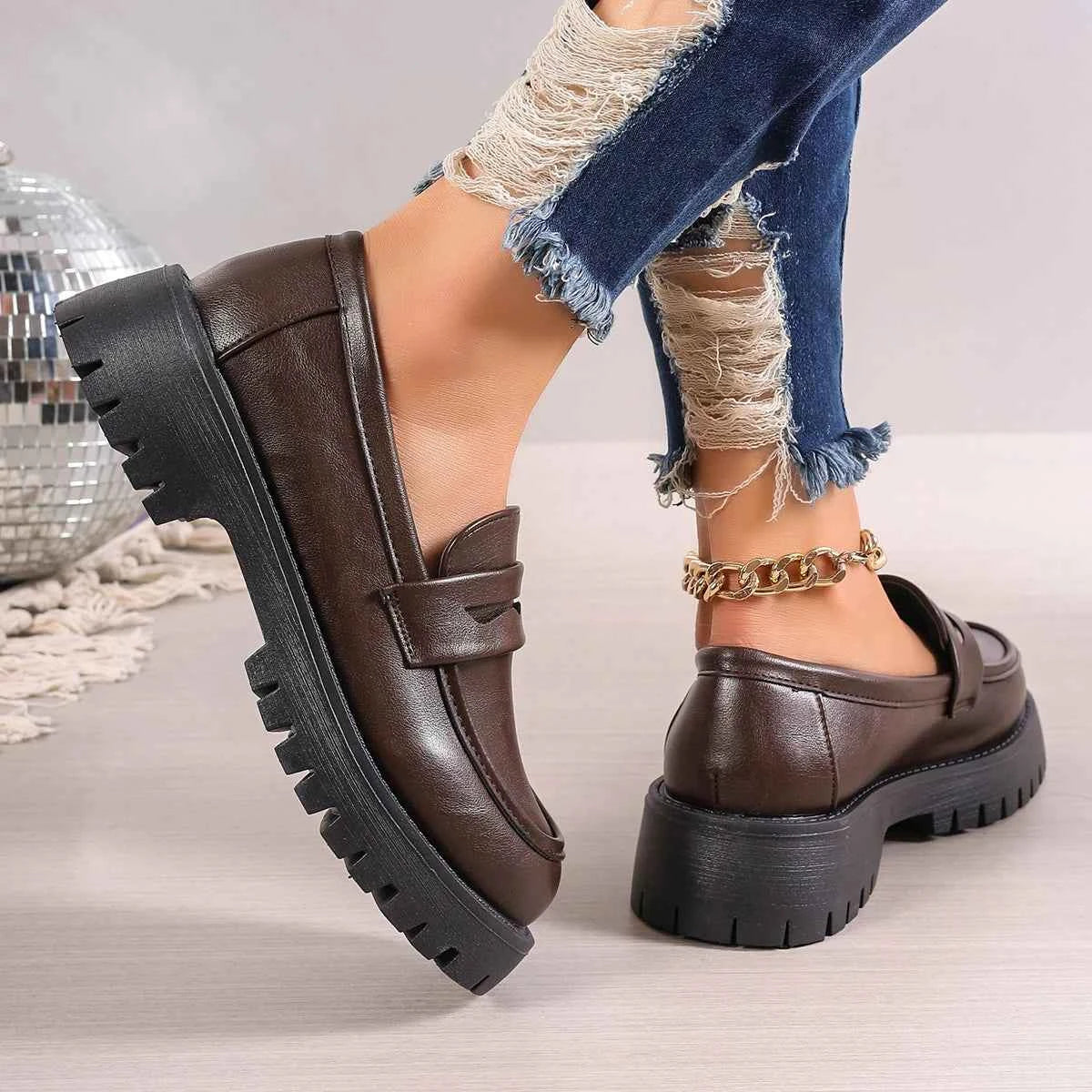 Casual Platform Loafers Woman 2024 British Style Black Brown PU Leather Shoes for Women Comfort Slip On Flats Plus Size luxecrown.co.uk