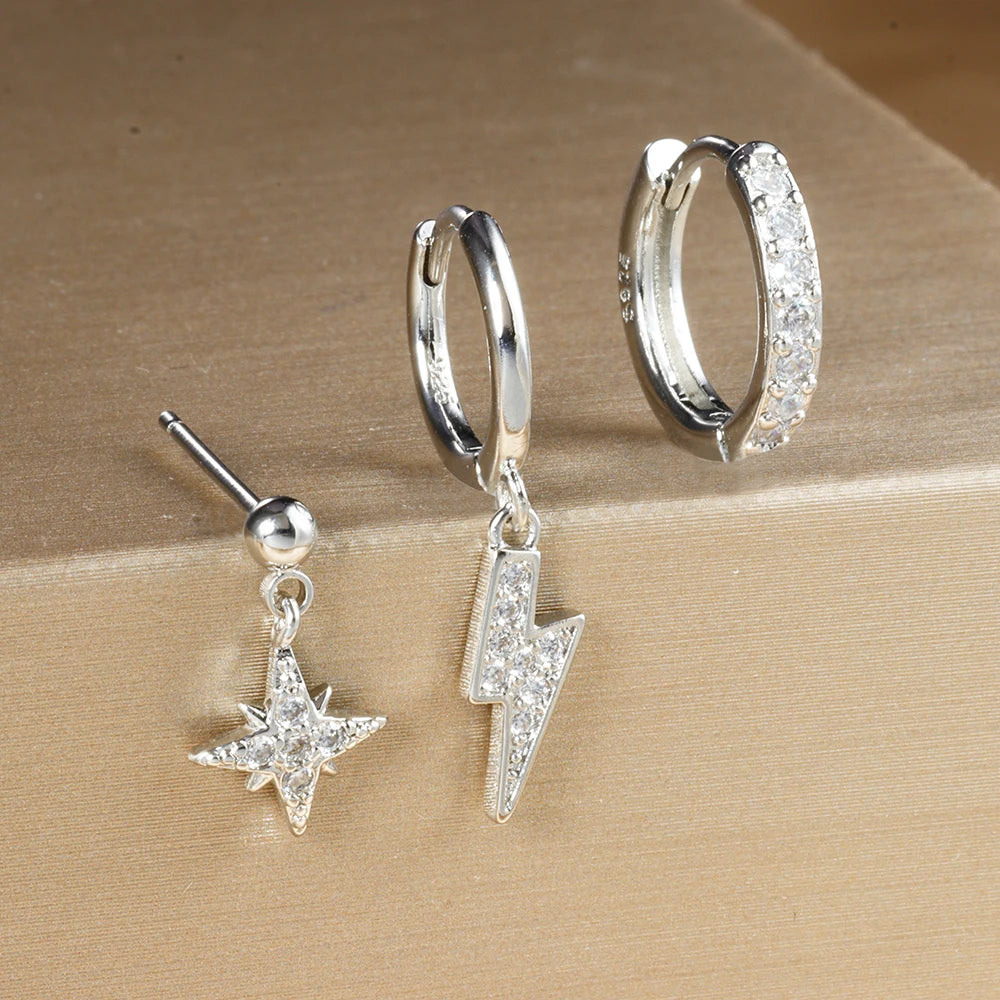 3PCS Luxury Star Pendant Piercing Earrings Set For Women Stainless Steel Zircon Punk Ear Studs Earring Lady Jewelry aretes Streetsharks