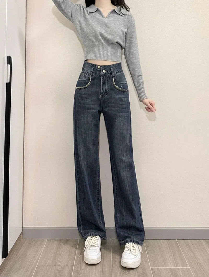 Korean Chic Turndown Collar Sweaters Female Gray Slim Fit Long Sleeve Cropped Sweater for Woman Streetwear Knit Pullovers