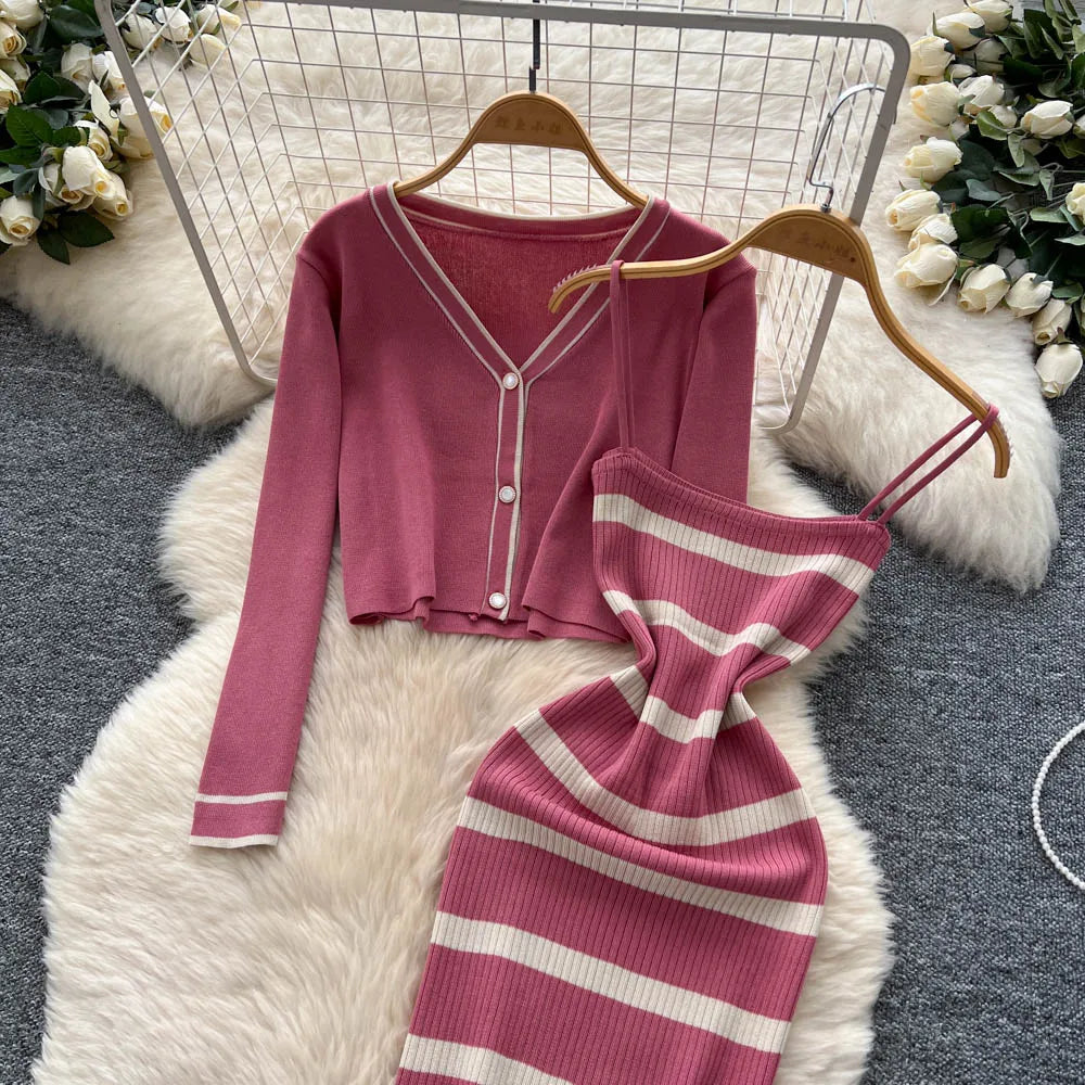 New Fashion Autumn Knitted Suits Long Sleeve V Neck Buttons Top+Stripe Strap Bodycon Dress Elegant OL Women Two Piece Sets