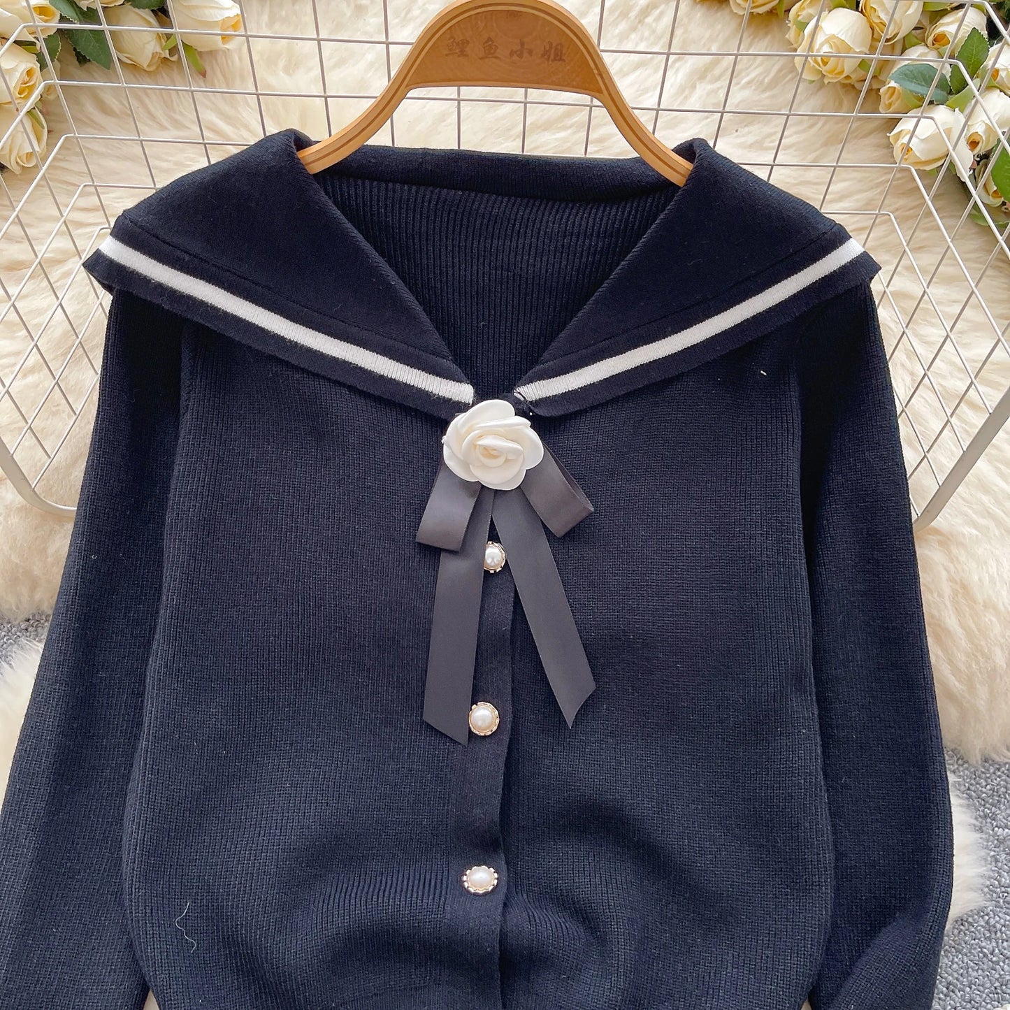 Women Autumn Winter Full Sleeve Sweater Korean Style Bow  Sailor Collar  Knitted Cardigan Fashion O-Neck Single-breasted Tops