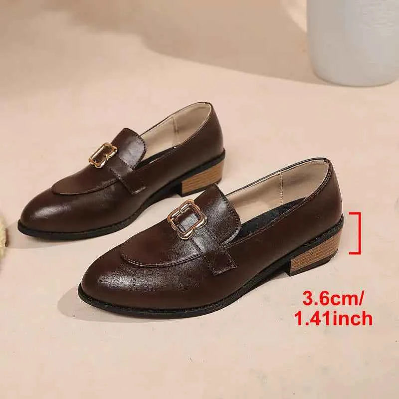 Retro Metal Buckle Thick Heel Loafers Women Summer 2026 Classic Black Brown Pu Leather Loafer Elegant Dress Shoes for Women luxecrown.co.uk