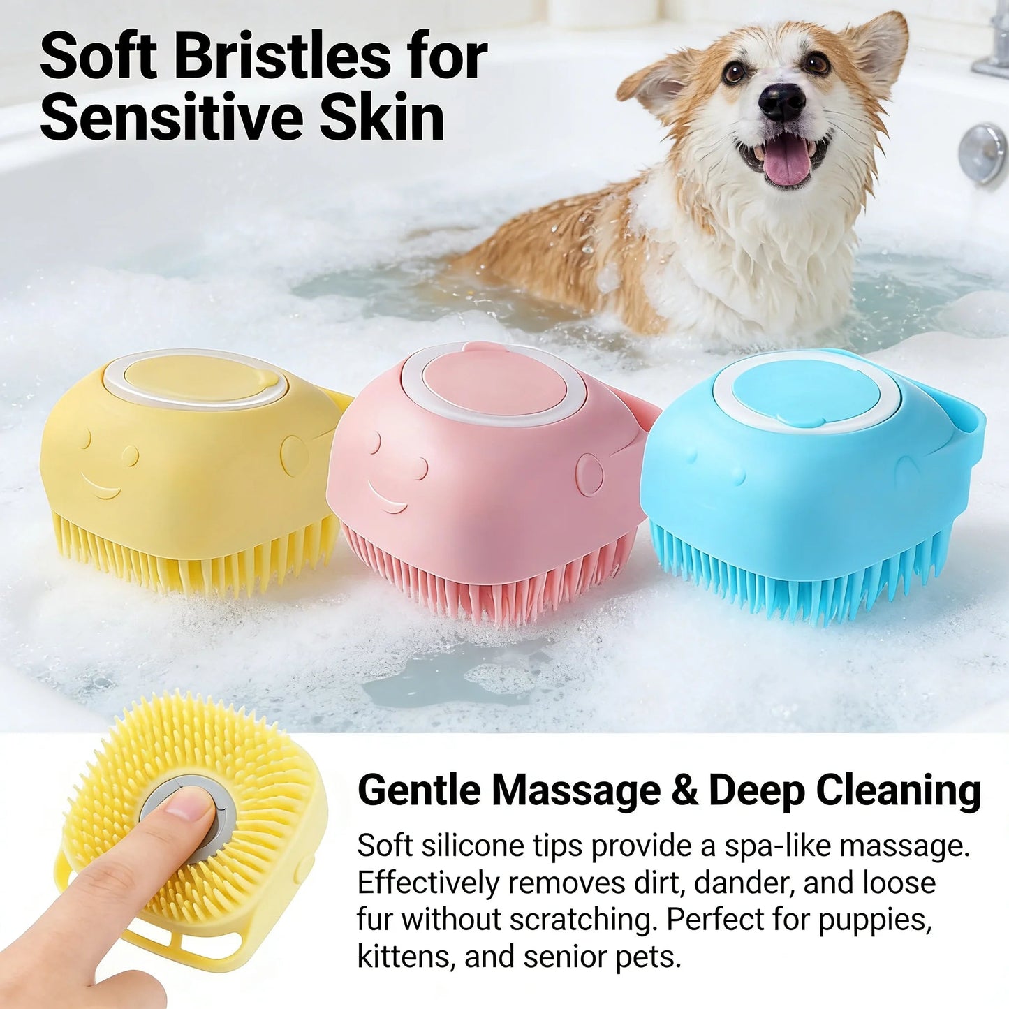 2-In-1 Pet Bath & Massage Brush With Shampoo Storage Silicone Dog Cat Grooming Tool For Puppy Kitten Sensitive Skin luxecrown.co.uk