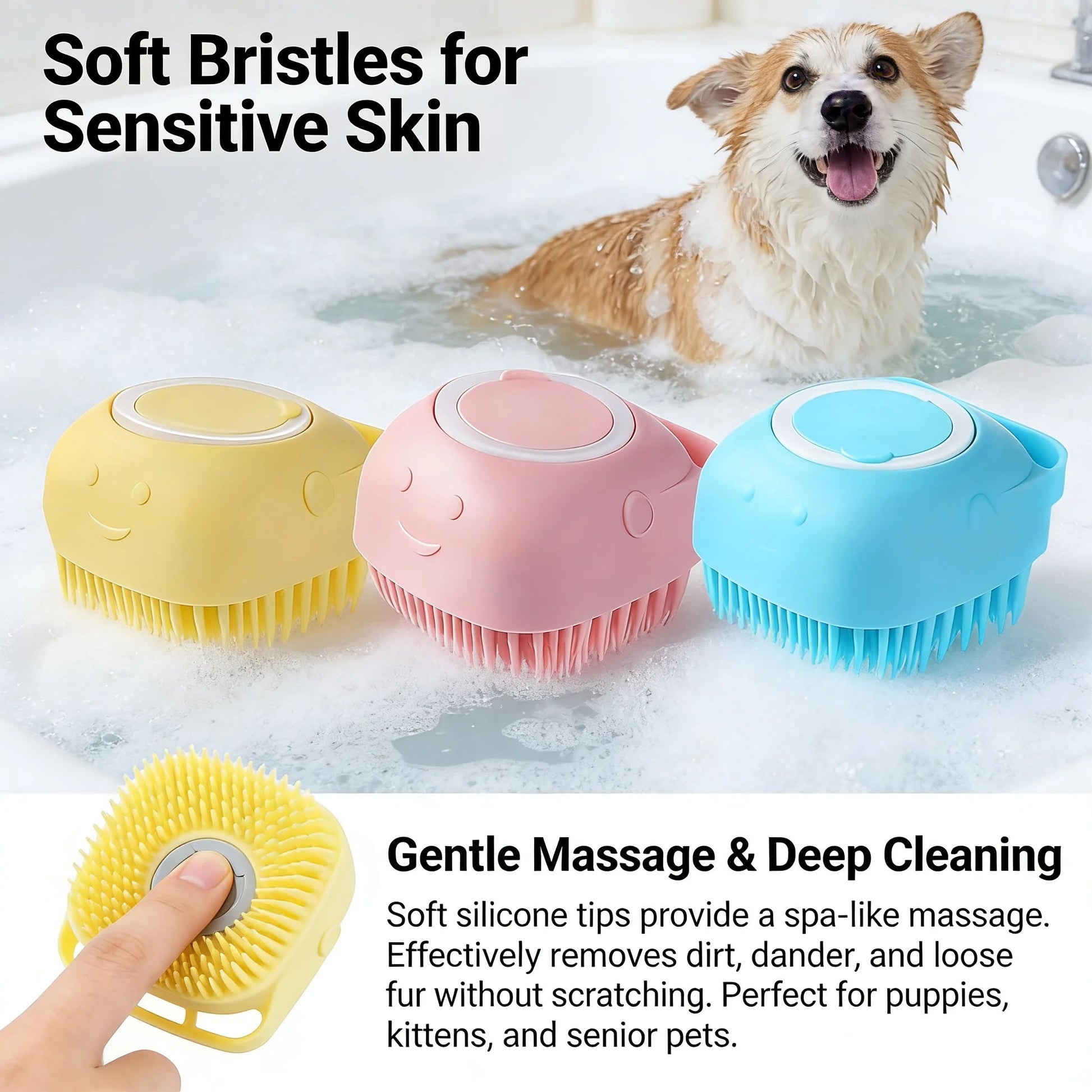 2-In-1 Pet Bath & Massage Brush With Shampoo Storage Silicone Dog Cat Grooming Tool For Puppy Kitten Sensitive Skin luxecrown.co.uk