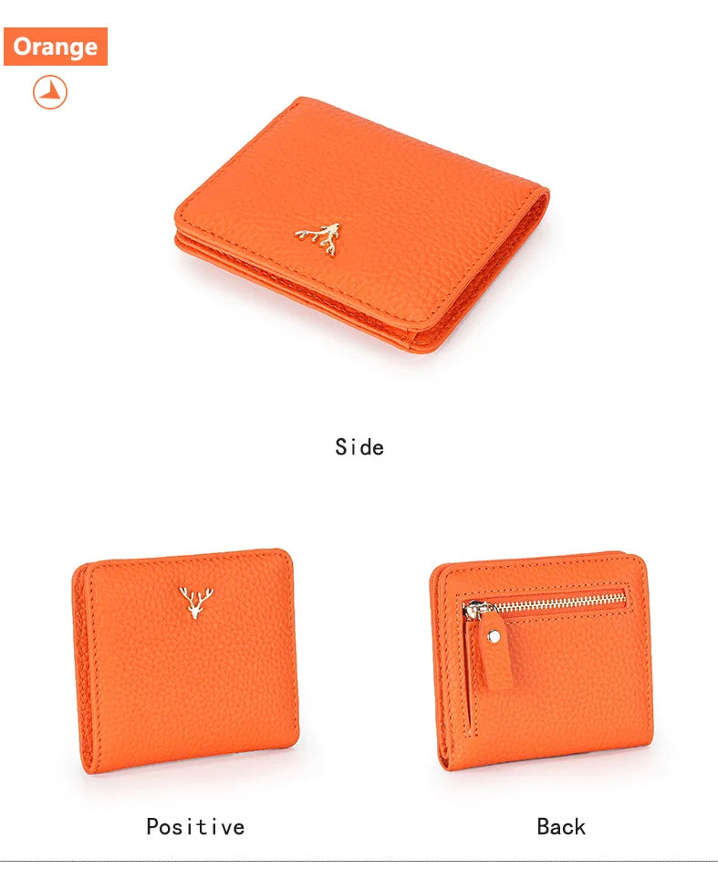 Cowhide Women's Purses Short Thin Small Wallet Chic Christmas Deer Button Ladies Genuine Leather Card Holder Wallet Coin Purse luxecrown.co.uk