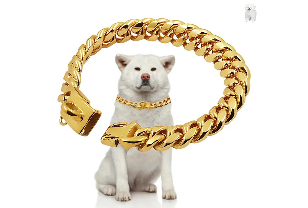Metal Dog Collar Stainless Steel Pet Choker Gold Cuban Link Chain 14mm Wide Lead for Small Medium Large Dogs Pet Accessories luxecrown.co.uk