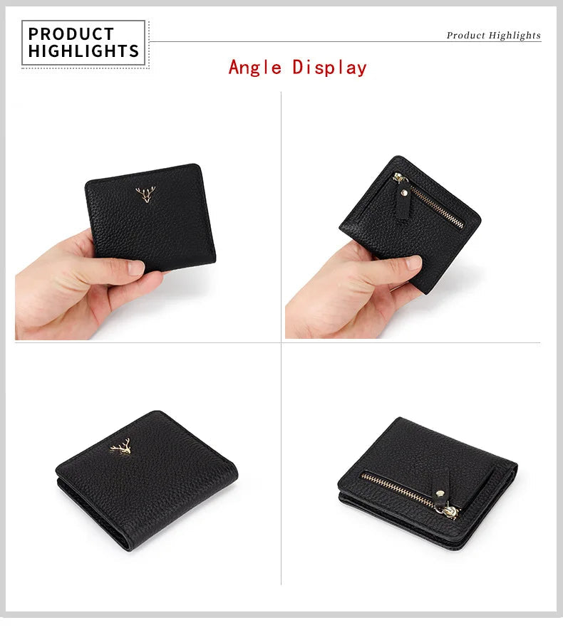 Cowhide Women's Purses Short Thin Small Wallet Chic Christmas Deer Button Ladies Genuine Leather Card Holder Wallet Coin Purse luxecrown.co.uk