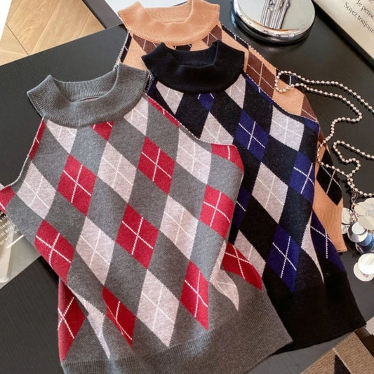 Women's Vintage Plaid Sweater Vest Ulzzang Style Knitted Preppy Soft Crew Neck Loose Top Fit Streetwear Camisole for Girls
