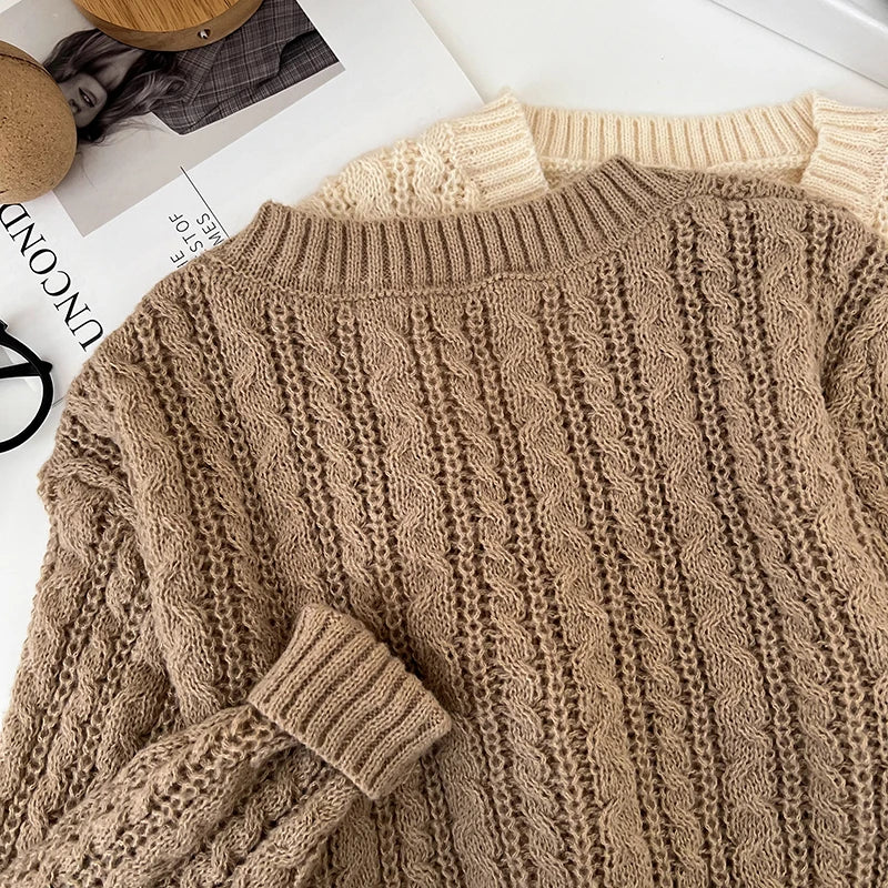 2026 New Autumn Winter Loose Casual Knitwear V-neck Long Sleeve Knitted Sweaters Twist Hollow Out Crochet Short Pullover Tops