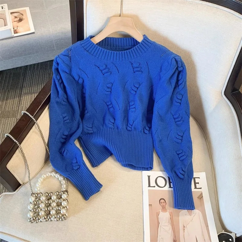 2026 New Autumn Winter Women O-neck Long Sleeve Knitted Sweaters Hollow Out Knitwear Crochet Solid Color Short Pullover Tops