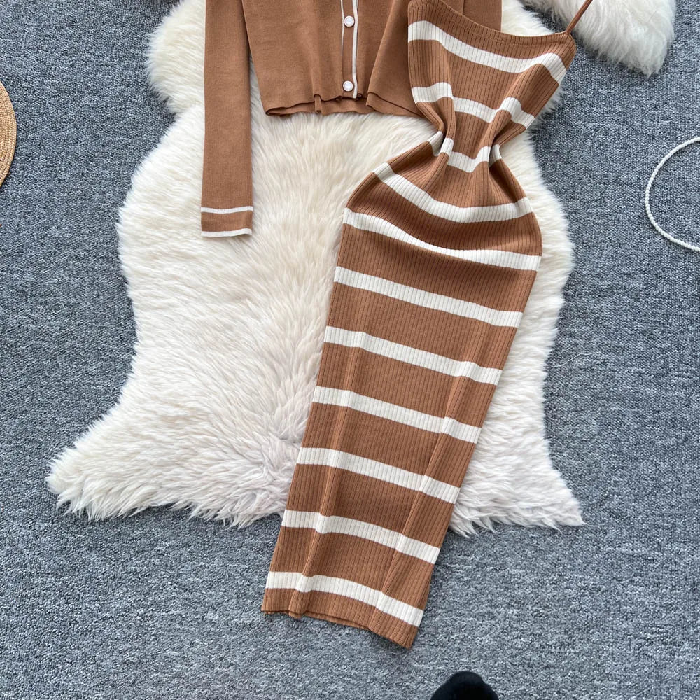 New Fashion Autumn Knitted Suits Long Sleeve V Neck Buttons Top+Stripe Strap Bodycon Dress Elegant OL Women Two Piece Sets