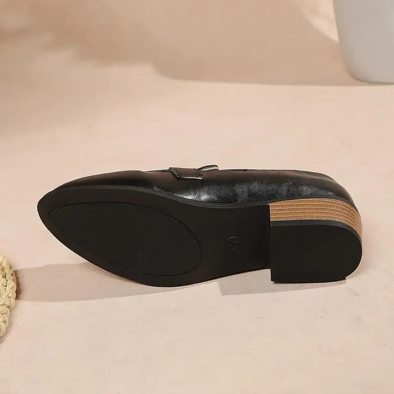 Retro Metal Buckle Thick Heel Loafers Women Summer 2026 Classic Black Brown Pu Leather Loafer Elegant Dress Shoes for Women luxecrown.co.uk