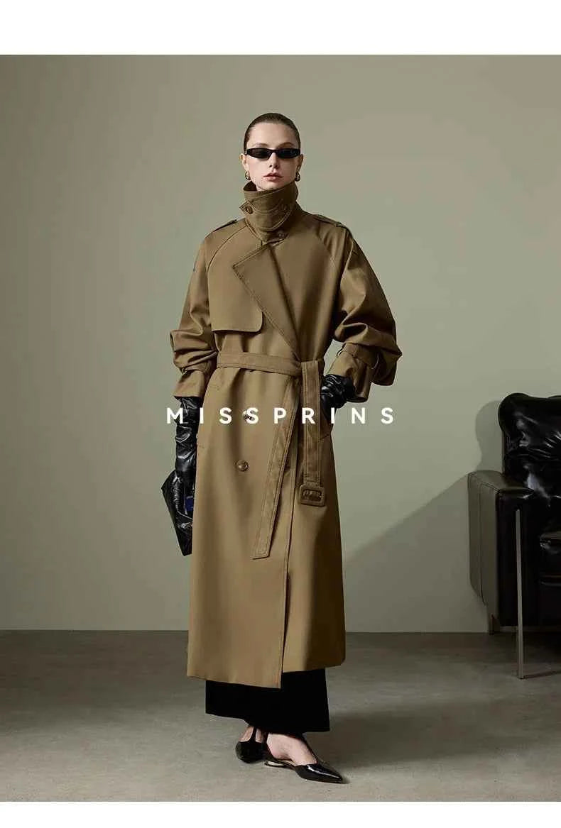 Lautaro Spring Autumn Long Khaki Trench Coat for Women Belt Double Breasted Chic Luxury Designer European Fashion Clothes 2025