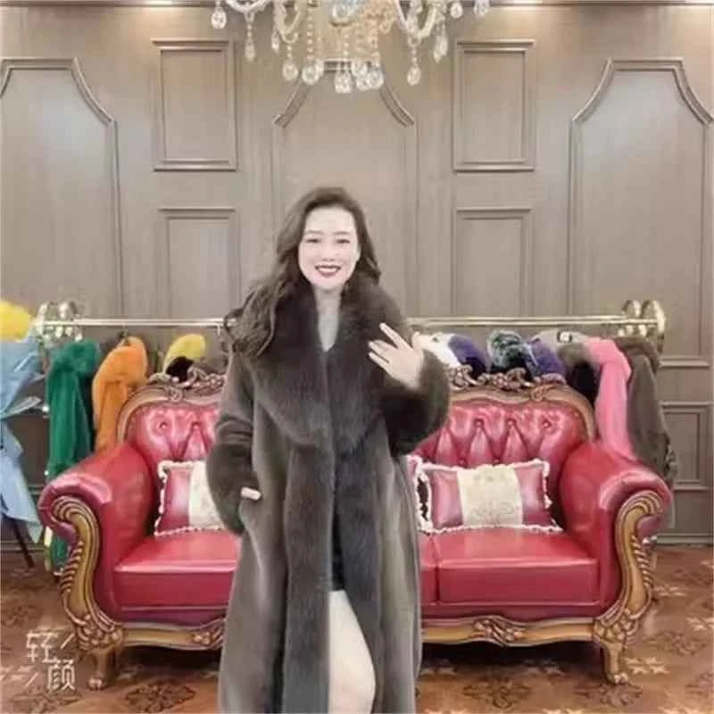 Winter Warm Imitate Mink Fur Grass Coat For Women 2024 New Fur And Fur Integrated Fox Collar Mid Length Coat Trend Woolen Collar
