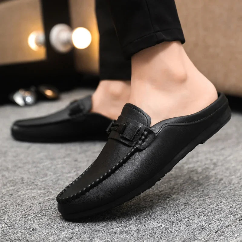 Summer Leather Men Half Slippers Breathable Mens Casual Shoes Slip-on Lazy Driving Shoes Comfortable Walking Loafers Moccasins luxecrown.co.uk