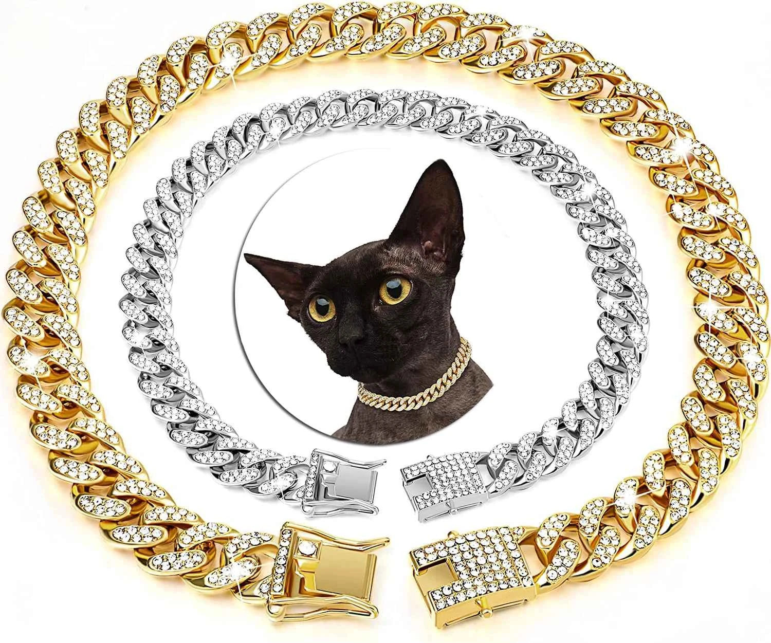 Fashion Jewelry Accessories Gold Cuban Chain Cat Collar Luxury Crystal Rhinestone Pet Kitten Necklace for Cats luxecrown.co.uk