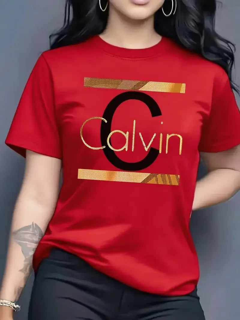 Hot Sale Women's Summer Fashion Casual Calvin Letter Pattern Print Loose Round Neck Short Sleeve Sportswear T-shirt y2k clothes luxecrown.co.uk