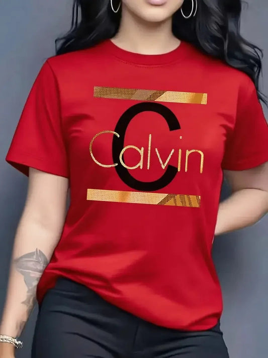 Hot Sale Women's Summer Fashion Casual Calvin Letter Pattern Print Loose Round Neck Short Sleeve Sportswear T-shirt y2k clothes luxecrown.co.uk