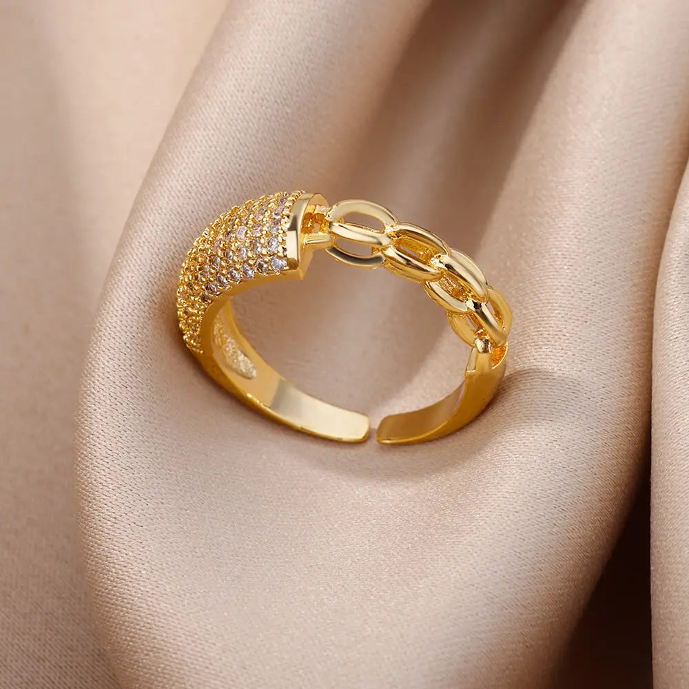 Fashion Gold Color Stainless Steel Rings For Women Chain Hollow Out Crystal Zircon Finger Ring Jewelry 2023 Gift anillos mujer Streetsharks