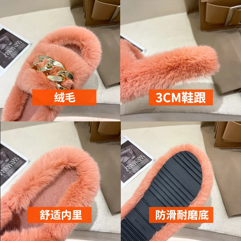 Fashion Faux Fox Fur Slippers Women Spring Autumn Fluffy Slides Ladies Peep Toe Fur Shoes Flat Large Size Furry Soft House Shoes luxecrown.co.uk