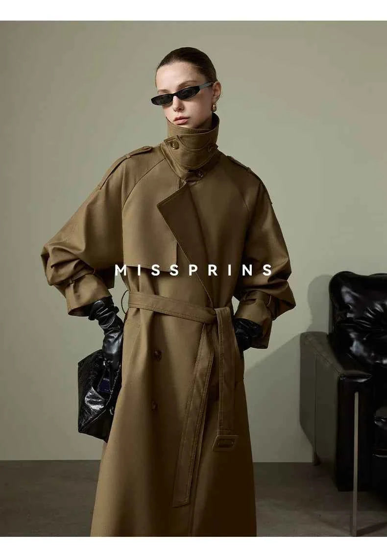 Lautaro Spring Autumn Long Khaki Trench Coat for Women Belt Double Breasted Chic Luxury Designer European Fashion Clothes 2025
