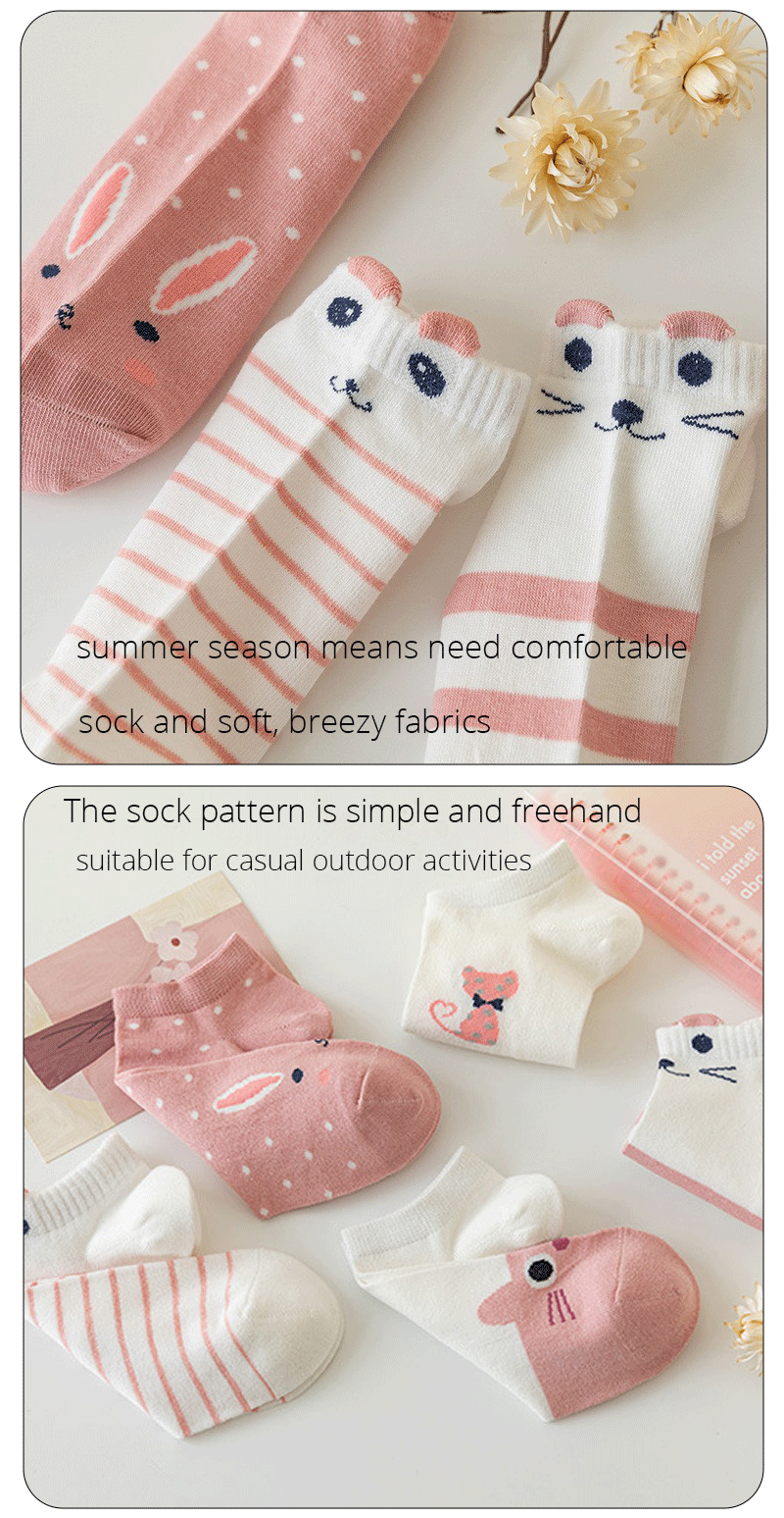 5/10/20 Pairs Women's Short Tube Socks Pink Cat Thin Four Seasons Cute Boat Sockslow Top Ins Trendy Socks