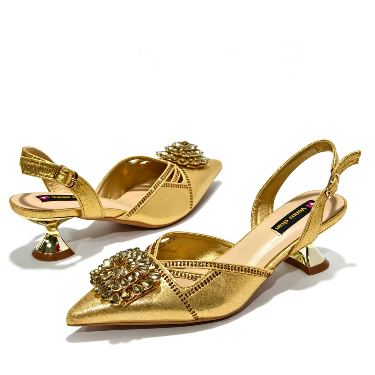 2026 Italian Peach Gold Rhinestone HAND CRAFTED UPPER Pointed Toe Women High Heels Shoes and Bag Set Elegant Party Shoes luxecrown.co.uk