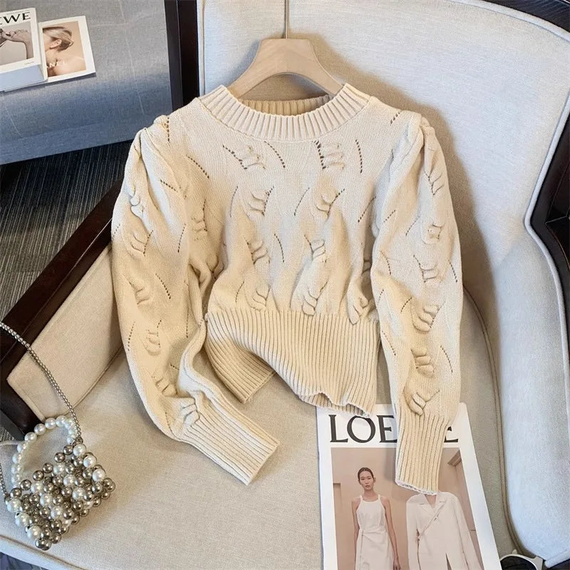 2026 New Autumn Winter Women O-neck Long Sleeve Knitted Sweaters Hollow Out Knitwear Crochet Solid Color Short Pullover Tops