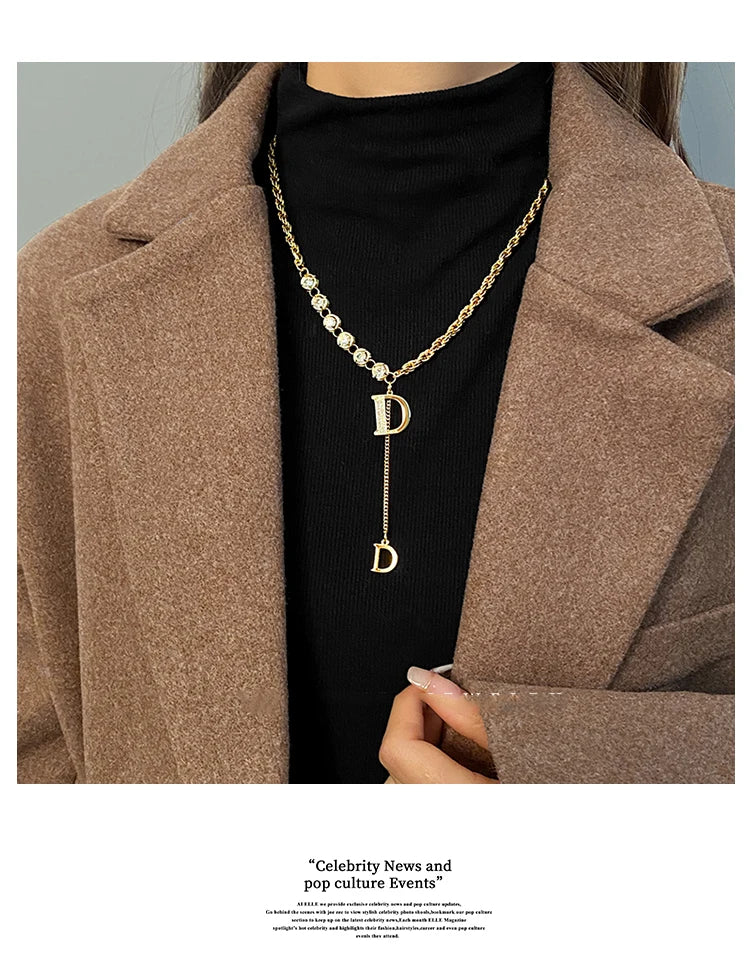 Design Sense Micro Setting Zircon D Letter Pendant Long Necklace Winter Sweater Chain Fashion Jewelry For Woman Girls Party Gift Streetsharks