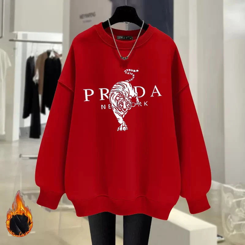 Luxury Brand Tiger Print Spring Autumn and Winter Fashion Loose Round Neck Pullover Sweater Women's Velvet Thicker Streetsharks