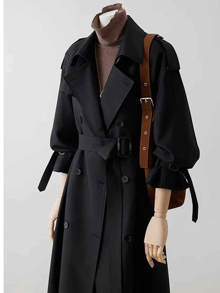 Lautaro Spring Autumn Oversized Khaki Long Trench Coat for Women Double Breasted Loose Casual Black Korean Fashion Overcoat 2025