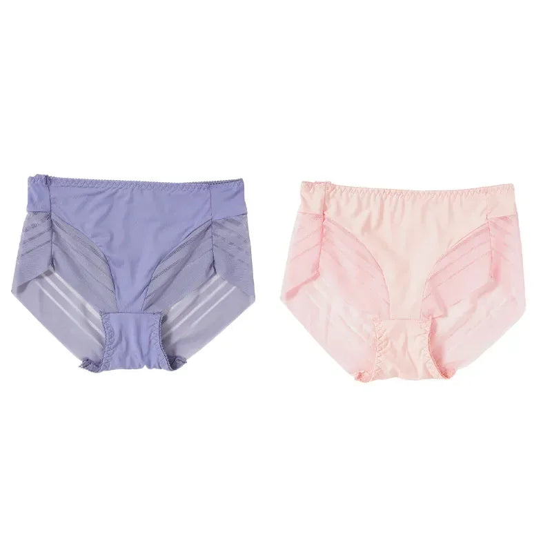 2PCS High Waist Briefs Women Seamless Panties Transparent Mesh High Elastic Tummy Control Underwear Female Lingere Underpant Streetsharks