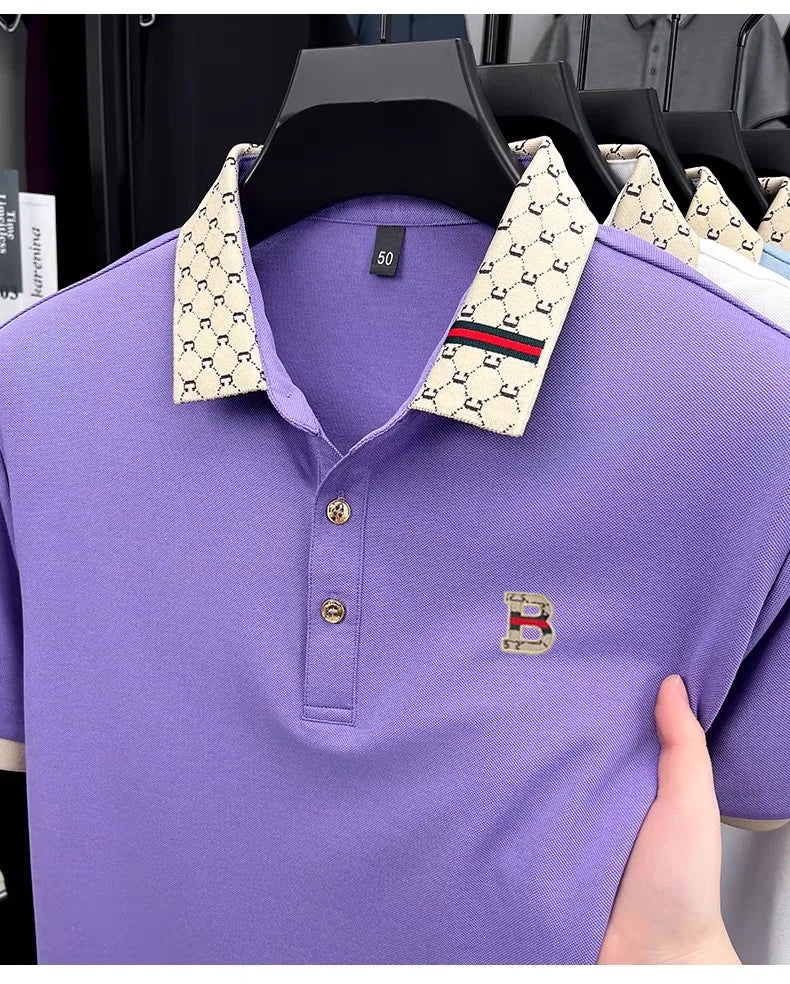 Luxury brand B letter embossed short sleeve polo shirt men summer lightweight breathable new fashion color blocked lapel T-shirt luxecrown.co.uk