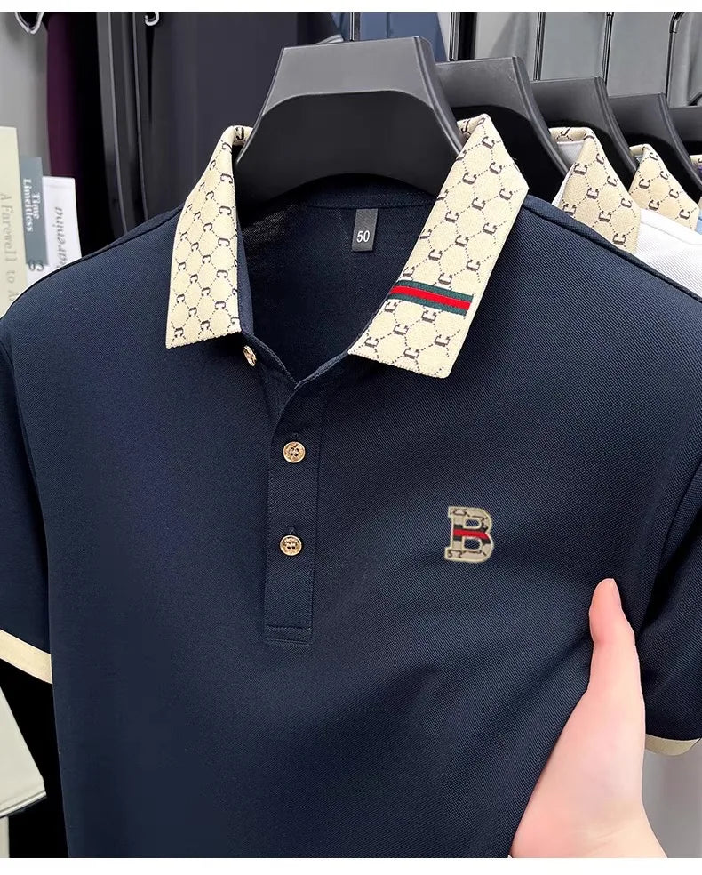Luxury brand B letter embossed short sleeve polo shirt men summer lightweight breathable new fashion color blocked lapel T-shirt luxecrown.co.uk