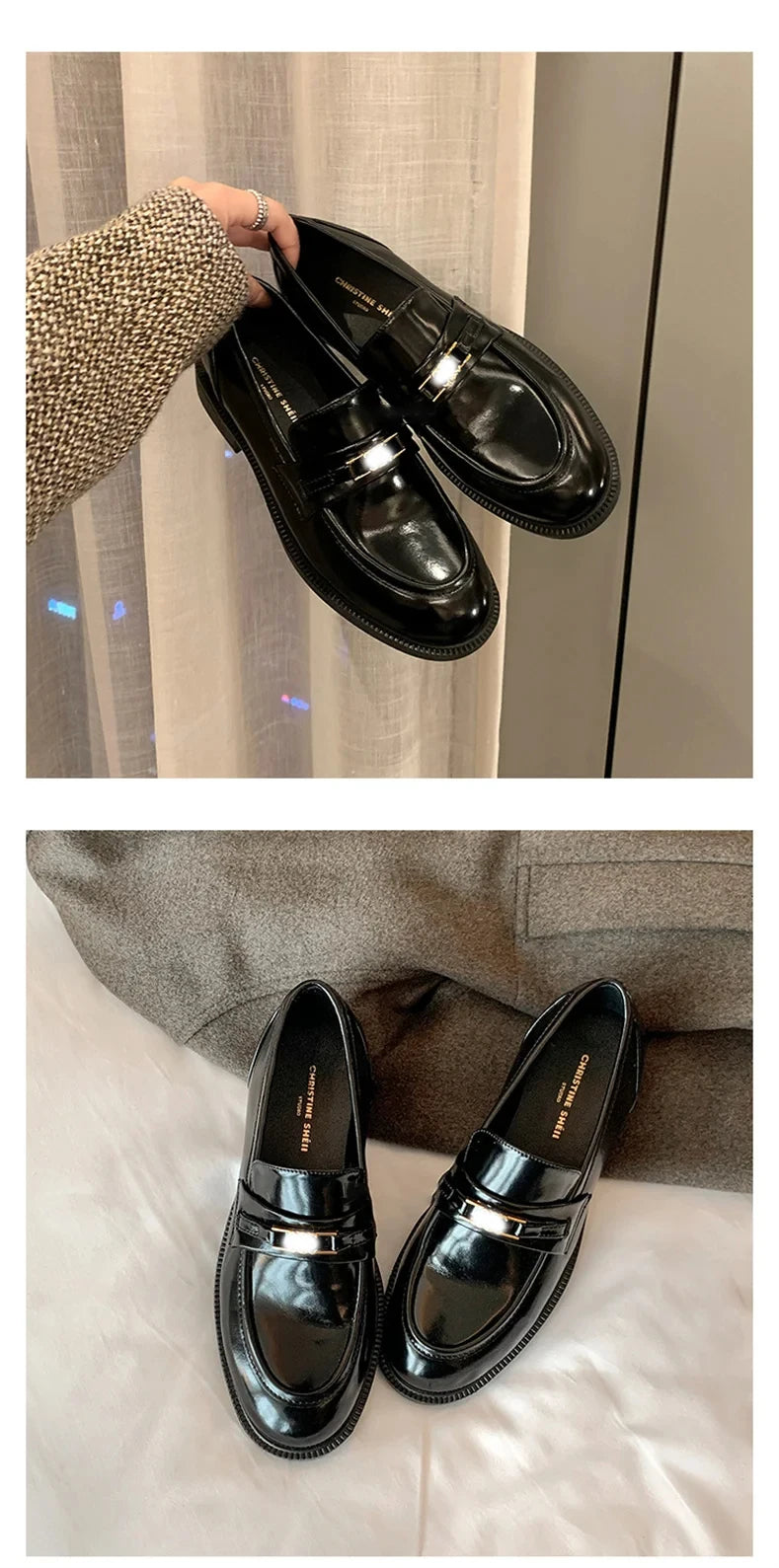Spring New Women's Genuine Leather Shoes British Style Black Casual Shoes Banquet Office Wear Stylish Metal Design Loafers luxecrown.co.uk