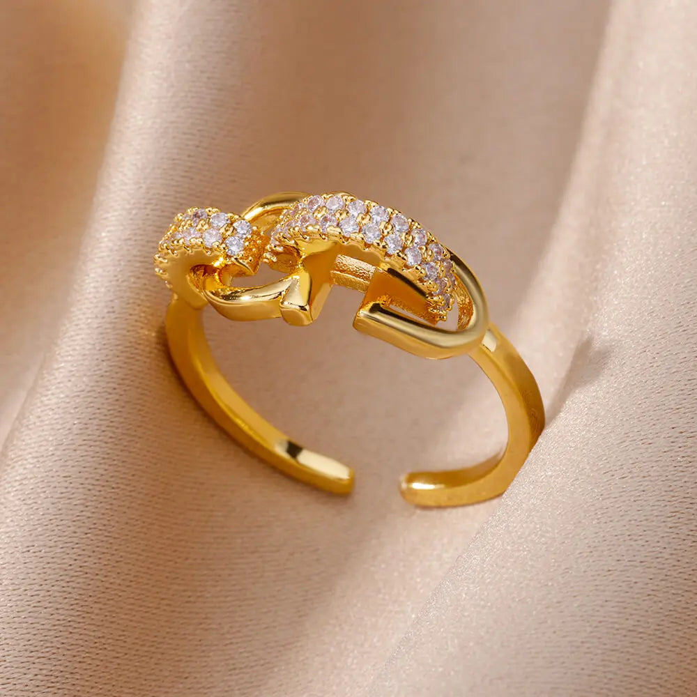 Fashion Gold Color Stainless Steel Rings For Women Chain Hollow Out Crystal Zircon Finger Ring Jewelry 2023 Gift anillos mujer Streetsharks