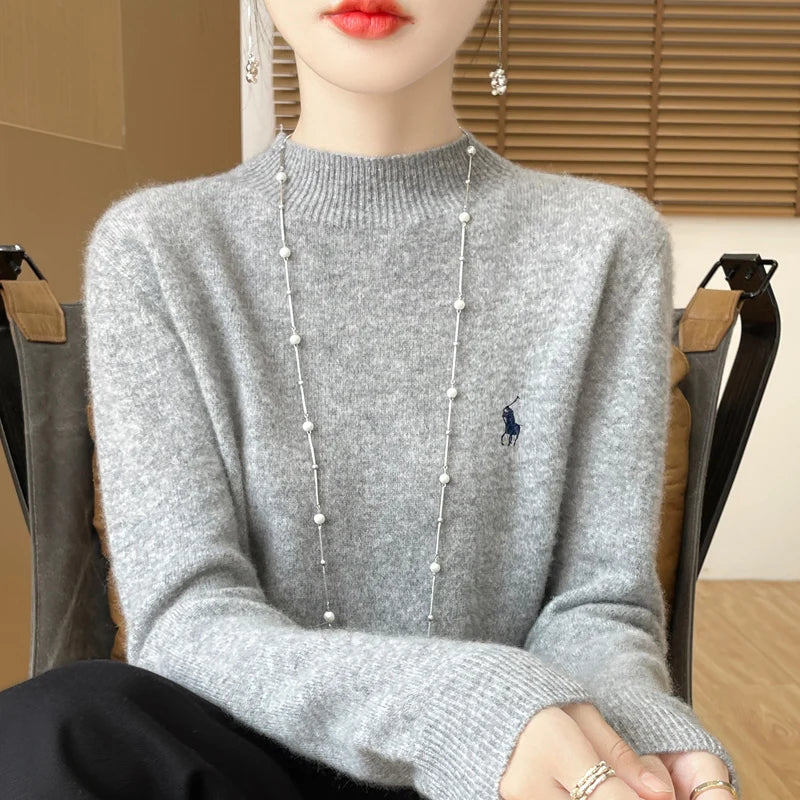 2024 Autumn/Winter Women's New Cashmere Hoodie Fashionable Embroidered Half High Neck Soft Cashmere Explosive100% Australianwool Streetsharks