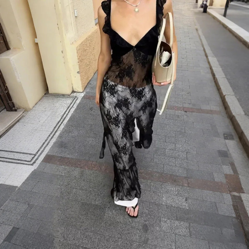 TARUXY Elegant Black Lace Sexy Dress Women's Summer New Perspective Hollow Out Slit V-Neck Straps Dress Female Party Club Dress