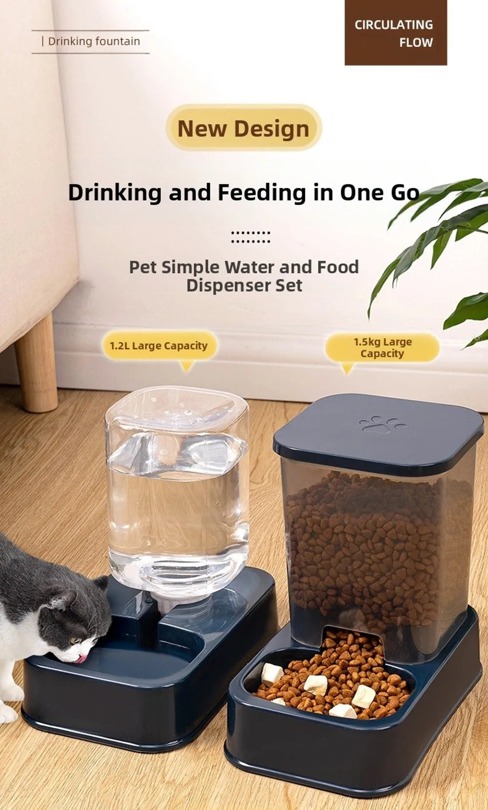1.2L/1.5L Pet Automatic Feeder Plastic Large Capacity Cat Dog Water Dispenser Feeder Set 3 Colors 2 Styles luxecrown.co.uk