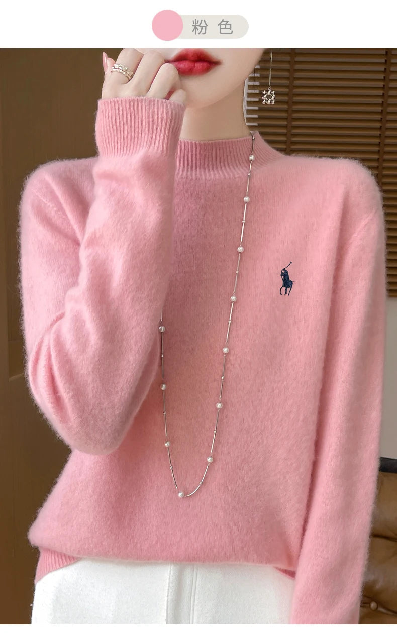 2024 Autumn/Winter Women's New Cashmere Hoodie Fashionable Embroidered Half High Neck Soft Cashmere Explosive100% Australianwool Streetsharks