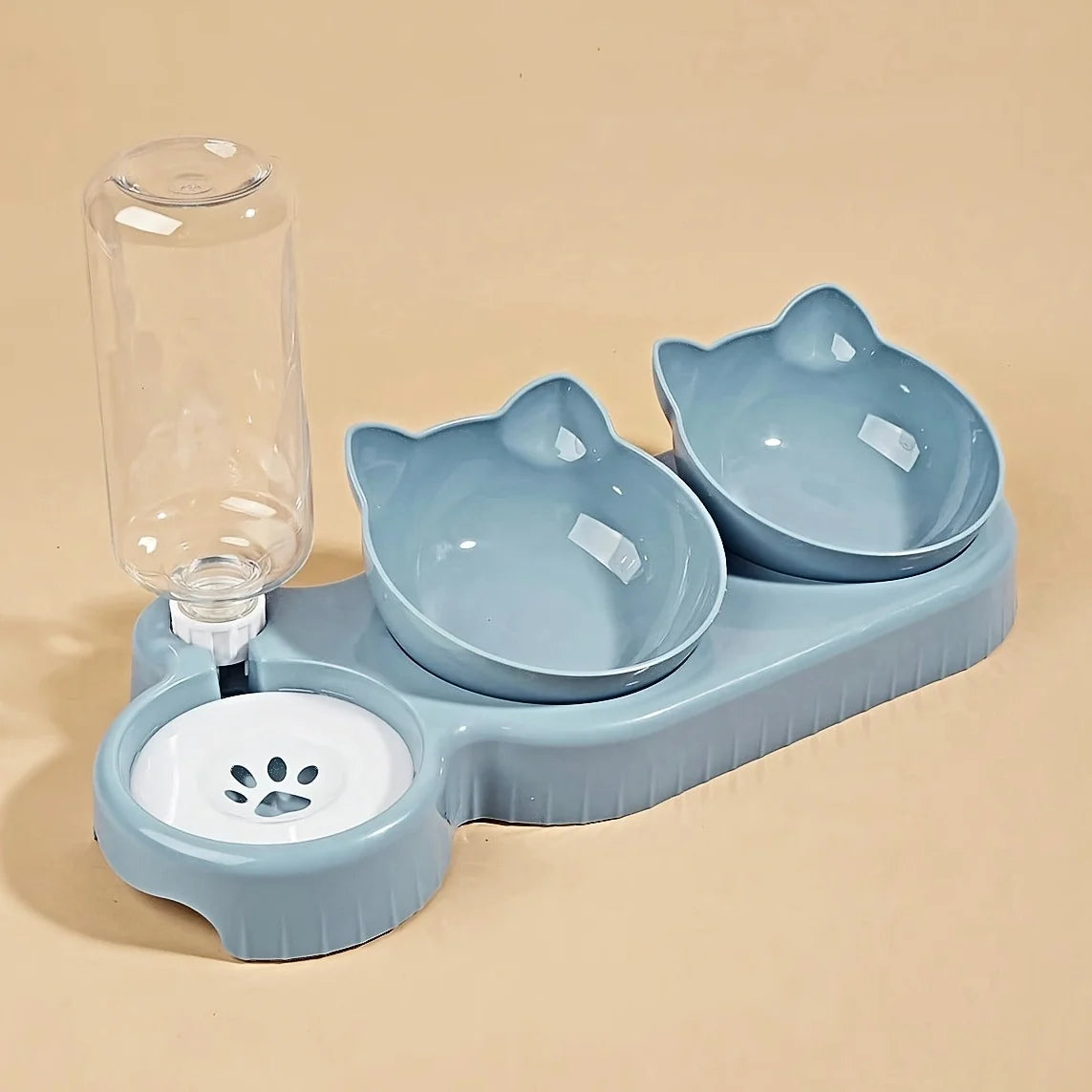 Pet Bowls With Water Feeder, 3 In 1 Ear Design Tilted Cat Water And Food Bowl Set With Gravity Water Bottle For Neck Protection luxecrown.co.uk