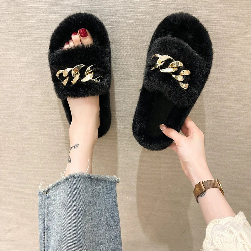 Fashion Faux Fox Fur Slippers Women Spring Autumn Fluffy Slides Ladies Peep Toe Fur Shoes Flat Large Size Furry Soft House Shoes luxecrown.co.uk
